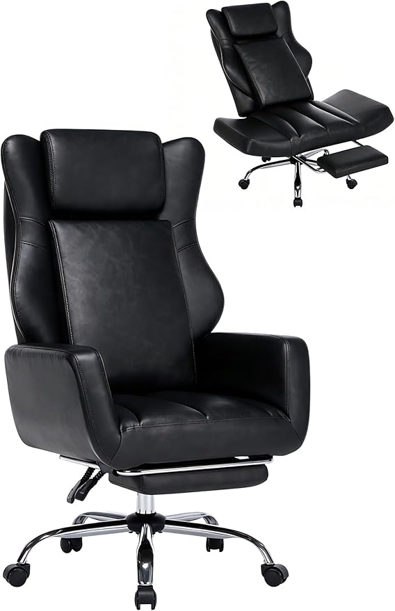 DYHOME Criss Cross Office Chair with Footrest, Executive Ergonomic Flip-Up Armrest Chair, Adjustable Reclining Computer Desk Chair for Working, Gaming, Relaxing, Black PU Leather