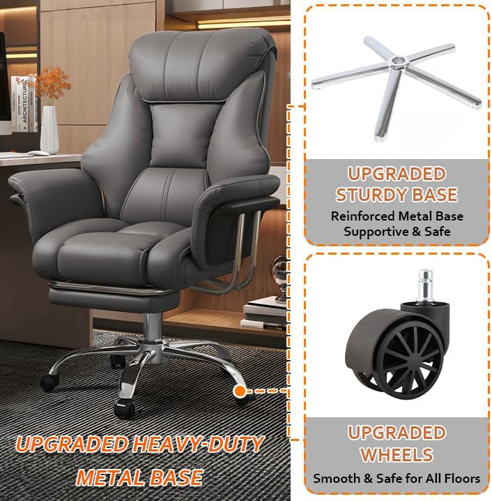 Big and Tall Office Chair 550 lbs Extra Wide Leather Executive Chair with Retractable Footrest, Heavy-Duty Ergonomic Chair, Adjustable Height Computer Gaming Chairs