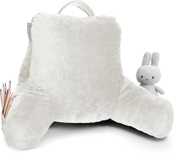 Clara Clark Reading Pillow for Kids & Teens with Shredded Memory Foam, Backrest Pillows for Reading, Watching, and Gaming, Use on The Couch, Bed, or Floor, Adjustable Support, Washable Cover White