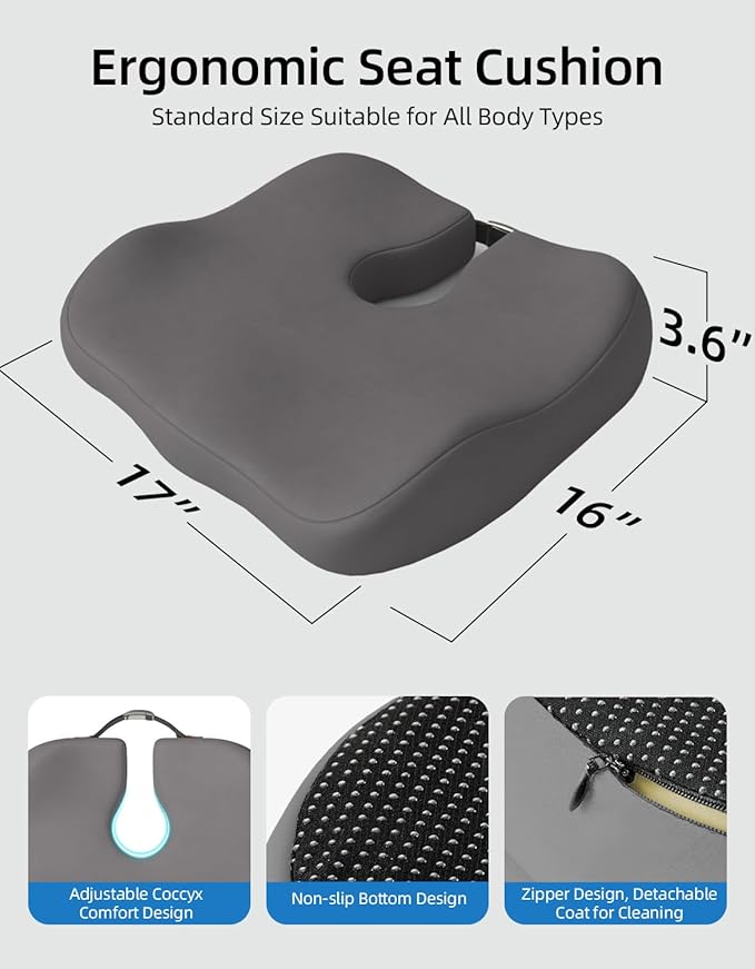 Extra Dense Orthopedic Seat Cushion, Ergonomic Memory Foam Seat Cushion for Office Chair，Desk Chair，Car，Wheelchair, Tailbone Hip Sciatica Pain Relief Cushion for Long Sitting（Grey）