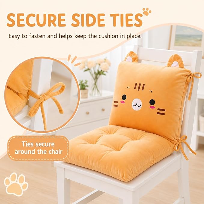 ChezMax Chair Cushion Plush Seat Cushion Back Cushion with Ties, Detachable Thickened Desk Chair Pads, Cartoon Waist Pillow Cushion Decor for Chair Car Office Patio Wheelchair, Cartoon Cat