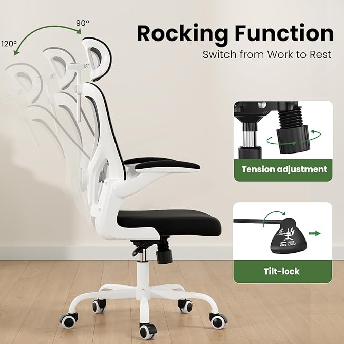 JOSHEN Breathable Mesh Elegance Office Chair, Modern Refined Office Chair with Adjustable Lumbar & Headrest, Minimalist Single Sofa Chairs for Home Office & Study, Black,White