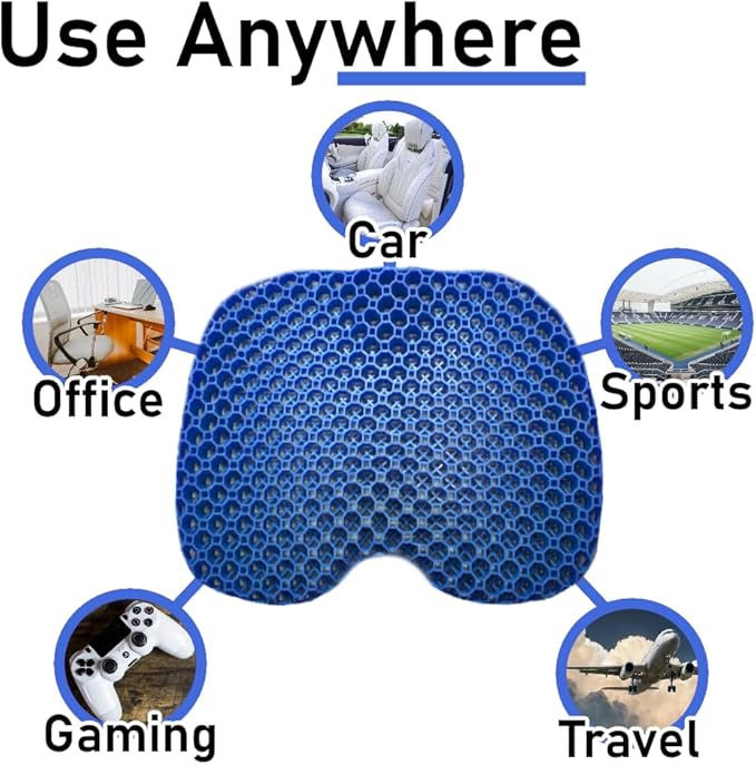 Blue Gel TPU Seat Cushion — Contoured Honeycomb Cooling Gel Cushion for Long Sitting, Pressure Relief for Tailbone & Sciatica, Non-Slip Washable Cover — 15.35 x 12.6 in