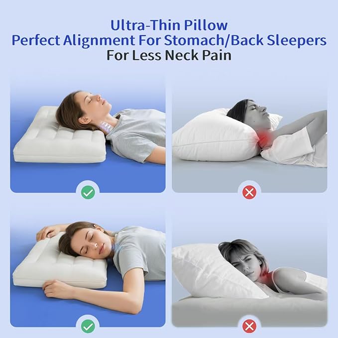 Flat Pillow - Ultra Thin & Adjustable Low Pillow for Side Back Stomach Sleepers, Relief Neck & Shoulder Pain, Customizable Support with Baffle Box Design to Hold Shape, Cotton Cover as Insert