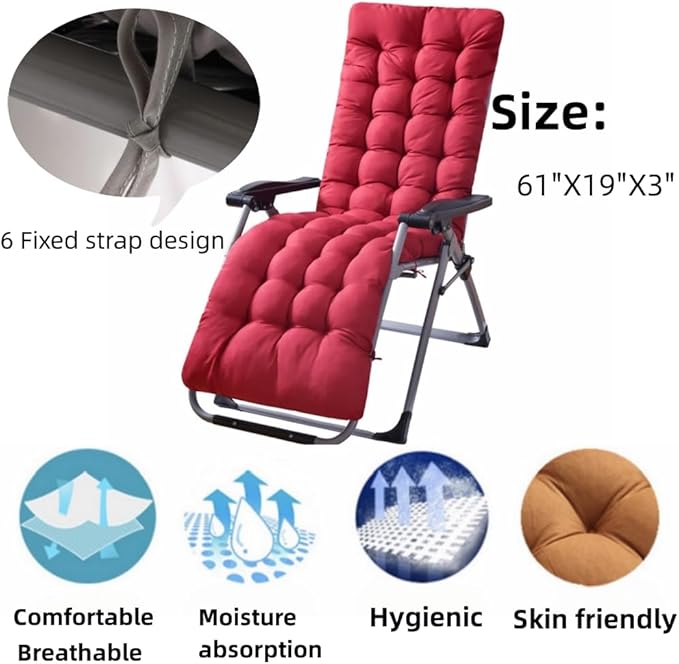 Patio Chaise Lounger Cushion， IndoorOutdoor Rocking Chair Sofa Cushion with 6 Ties， Thick Padded Swing Bench Cushion，61x18.9x3.1in (Coffee)