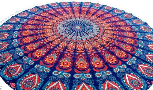 Round Beach Tapestry Turquoise Mandala Throw/Boho Hippie Beach Blanket Roundie/Indian Cotton Bohemian Large Round Table Cloth-Home Decor/Yoga Mat Meditation Picnic Rug (42", Orange and Blue)