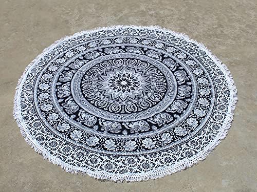 Round Beach Tapestry Turquoise Mandala Throw/Boho Hippie Beach Blanket Roundie/Indian Cotton Bohemian Large Round Table Cloth-Home Decor/Yoga Mat Meditation Picnic Rug (42", Black And WHite)