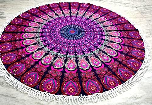 Round Beach Tapestry Turquoise Mandala Throw/Boho Hippie Beach Blanket Roundie/Indian Cotton Bohemian Large Round Table Cloth-Home Decor/Yoga Mat Meditation Picnic Rug (70", White And Pink)