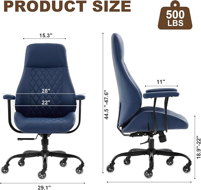 E-Motie Office Chair with Rubber Wheels, Ergonomic Computer Chair 500 lbs, Leather Desk Chair with Lumbar Support, Executive Chair Adjustable Height & Recline, Blue
