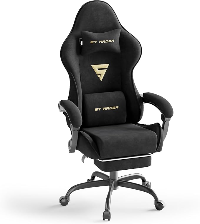 Gaming Chair Racing for Adult, Office Chair with Footrest Massage Lumbar Cushion, Velvet Fabric Reclining Video Game Chairs, Ergonomic Computer Chairs Height Adjustable, for Home Streaming, Black
