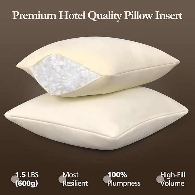 14x14 Pillow Inserts Set of 2- Shredded Memory Foam Pillow Forms - 3-Layer Hybrid Design for Lumbar Support, Small Throw Pillow Insert for Office Chair & Nursery Beige