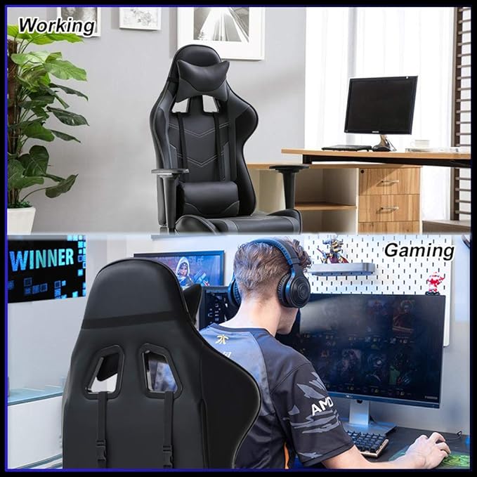 BestOffice | Ergonomic Gaming Chair | Grey | Reclining Computer Chair with Lumbar Support, Headrest Pillow, Adjustable Footrests | 360 Swivel with Heavy Duty Wheels | for Home & Office