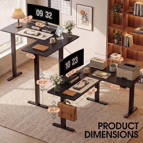 Furmax 63 x 47 Inch L Shaped Standing Desk with 2 Preset Heights, Electric Height Adjustable Computer Desk, Corner Sit Stand Desk for Home Office, 2 Hooks & Feet Balance (Black, 63 x 47 Inch)