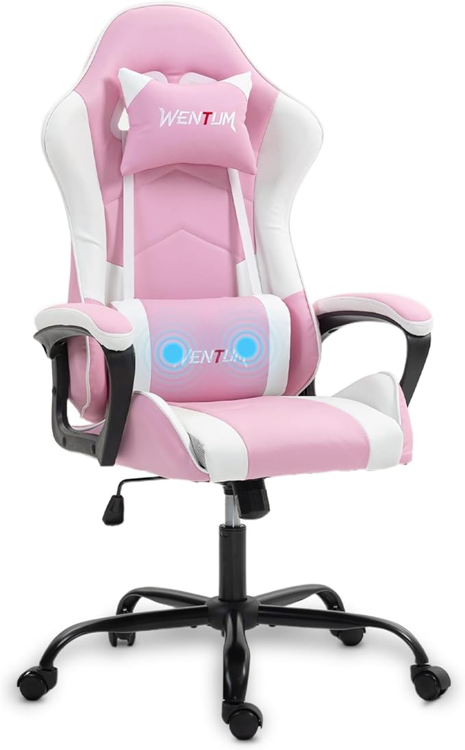 Gaming Chair PU Leather Massage PC Video Game Chair with Lumbar Support for Men Women, Home Office, Height Adjustable, Ergonomic, High Back, Pink