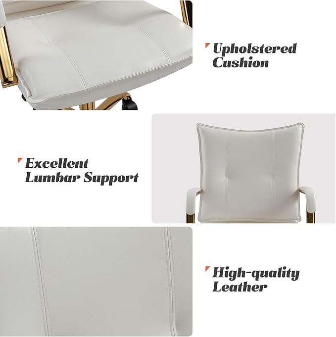 HULALA HOME Faux Leather Home Office Desk Chair, Adjustable Swivel Computer Chair with Golden Legs and Arms, Comfy Upholstered Task Chair, White