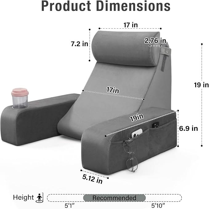 ENITYA 19" Back Support Pillow with Cup Space - Reading Pillow with Built-in Arms & Large Pockets, Removable Washable Cover, Wedge for Sitting/Reclining/TV/Bed/Couch/Floor, Medium Firm, Grey