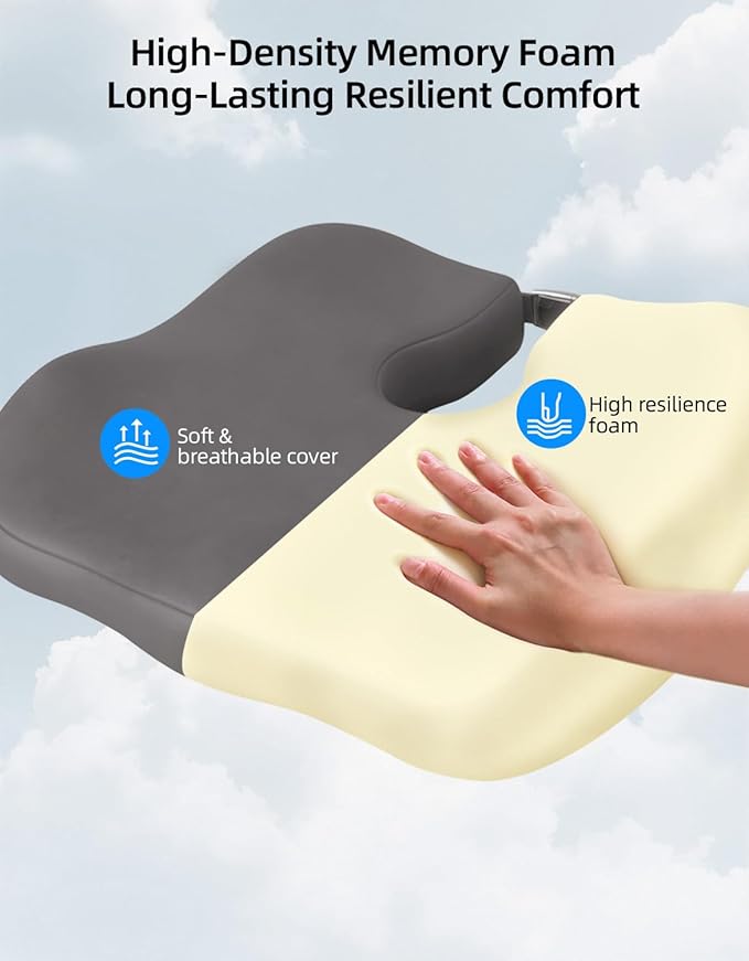 Extra Dense Orthopedic Seat Cushion, Ergonomic Memory Foam Seat Cushion for Office Chair，Desk Chair，Car，Wheelchair, Tailbone Hip Sciatica Pain Relief Cushion for Long Sitting（Grey）