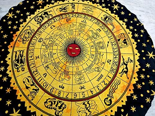 Round Beach Tapestry Turquoise Mandala Throw/Boho Hippie Beach Blanket Roundie/Indian Cotton Bohemian Large Round Table Cloth-Home Decor/Yoga Mat Meditation Picnic Rug (70", Yellow Black)