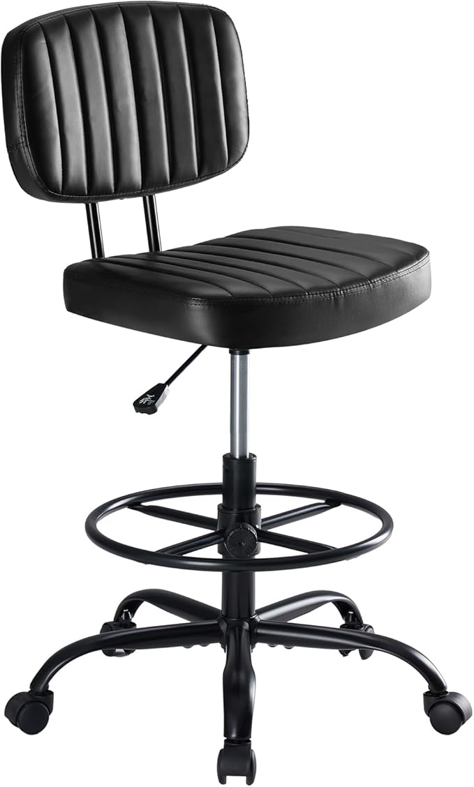 DUMOS Armless Drafting Chair, Low Back Office Seat with Adjustable Footrest Ring for Standing Desk, Ergonomic PU Leather Office Seating, Swivel Rolling High Stool for Studio, Lab, Counter, Black