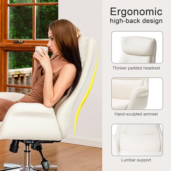 Glitzhome Home High-Back Office Chair Leather Adjustable Swivel Desk Chair with Arms, Cream