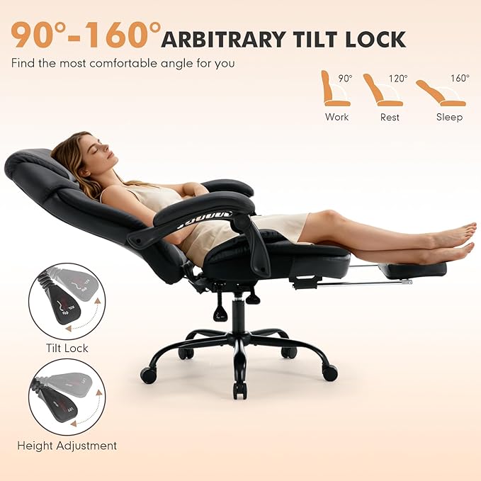 Comfortable Office Chair with Lumbar Support, PU Leather Ergonomic Reclining Office Desk Chair Wide Seat Recliner Office Chair with Foot Leg Rest, Black