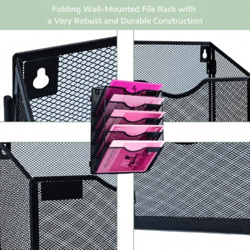 5 Pockets Mesh Wall File Holder Organizer Office Hanging File Folder Magazine Rack, Nametag Label Hooks Set Included (Black)