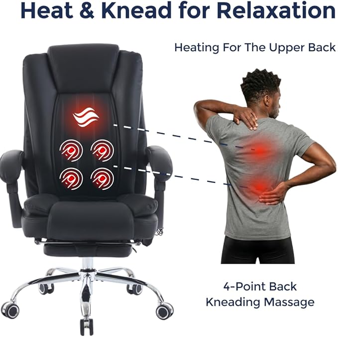 Orbis 4-Point Kneading UL Certified Heated Massage Office Chair with Foot Rest | 500lbs Big & Tall | BIFMA Certified Desk Chair for Heavy People | Home Office Computer Chair | Leather Black