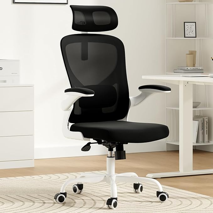 JOSHEN Breathable Mesh Elegance Office Chair, Modern Refined Office Chair with Adjustable Lumbar & Headrest, Minimalist Single Sofa Chairs for Home Office & Study, Black,White