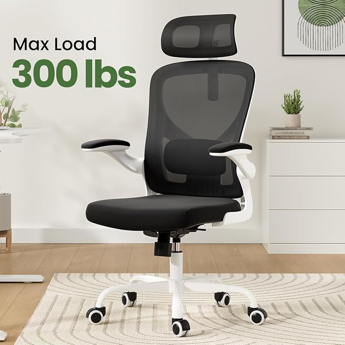 JOSHEN Breathable Mesh Elegance Office Chair, Modern Refined Office Chair with Adjustable Lumbar & Headrest, Minimalist Single Sofa Chairs for Home Office & Study, Black,White