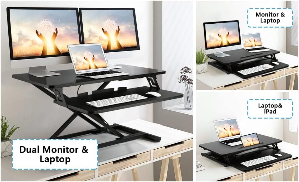 Standing Up Desk Converter 32" Height Adjustable Sit Stand Desk with Removable Keyboard Tray, Large Desk Riser Ergonomic Gas Spring Dual Monitor Workstation for Home Office