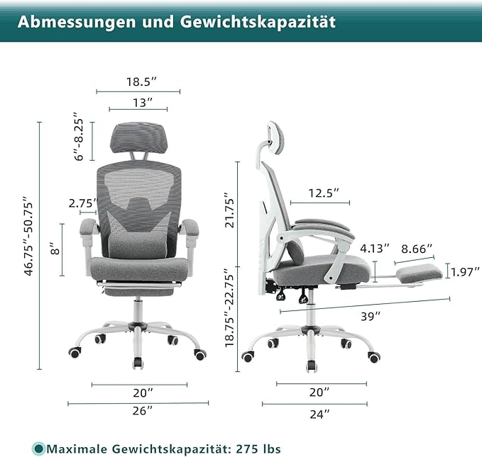 Simple Deluxe Home Office Desk Chair with Footrest, High-Back Mesh Rolling Swivel Reclining Chairs with Wheels, Comfortable Headrest, Lumbar Support, Comfy Arms