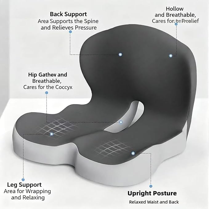 Orthopedic Cushion for Office Chair and Car, Memory Foam Seat Cushion with Lumbar Support Pillow, Instant Relieve Pressure on Back, Hips, Tailbone, Improves Sitting Posture (1, Light Gray)