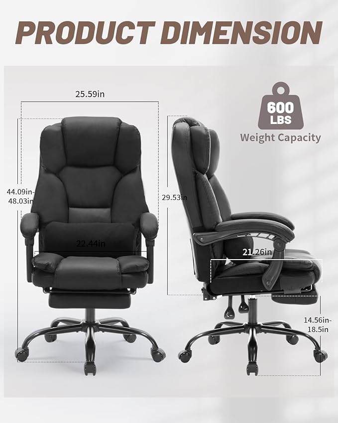 600lbs Office Chair with Footrest, Executive Chair with Padded Armrests, Reclining Desk Chair with Lumbar Support, High Back Leather Chair for Heavy People