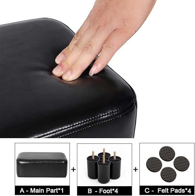 Joveco Small Footstool Ottoman Footrest Modern Rectangular Footstools for Living Room Bedroom (Black PU Leather)