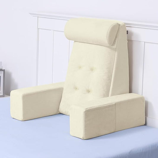 Bed Pillow for Sitting Up, Dual-Layer Memory Foam Reading Pillow for Bed Adult with Adjustable Headrest & Detachable Arms for Relaxing, Beige