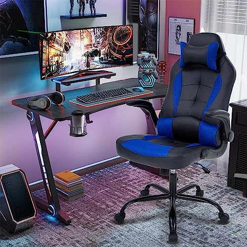 High Back PU Leather Office & Gaming Chair - Comfortable, Big & Tall, Height Adjustable, Heavy Duty Racing Chair with Headrest & Lumbar Support (Blue)