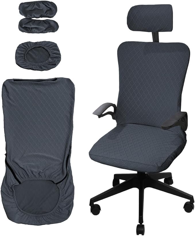 Ergonomic Office Chair Covers Set with Headrest Cover Stretch Desk Computer Chair and Headrest Slipcovers Washable Protector Slipcovers for Swivel Computer Chair 4 Pieces Dark Gray