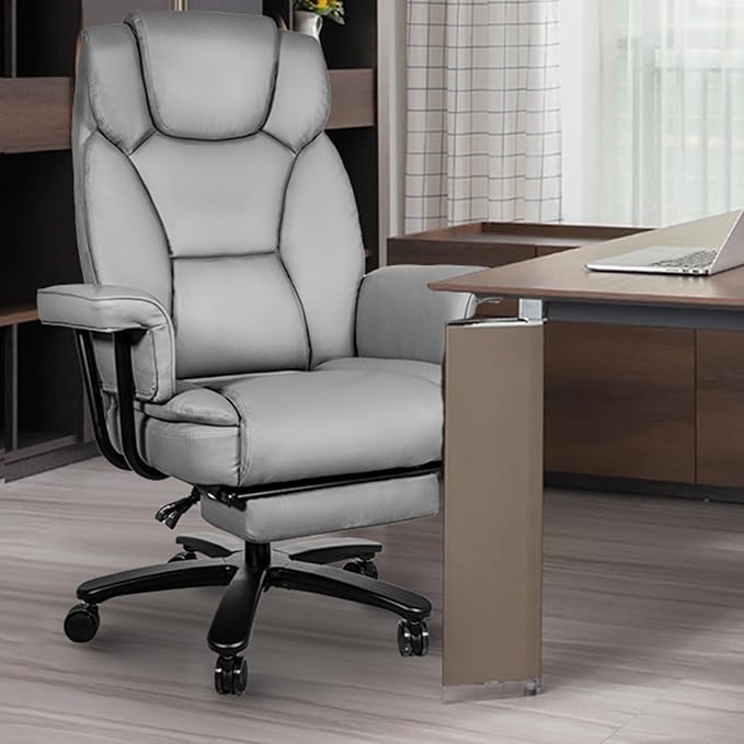 Reclining Office Chair with Footrest, Big and Tall Home Office Desk Chairs 400lbs with High Back, Criss Cross Wide Seat, Heavy Duty Base, Pu Leather, Grey