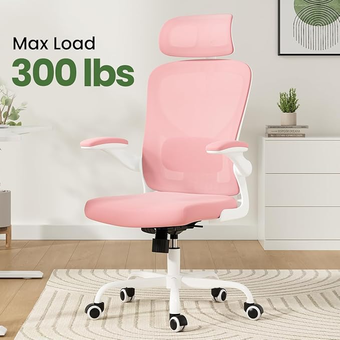 Breathable Mesh Elegance Office Chair, Modern Refined Office Chair with Adjustable Lumbar & Headrest, Minimalist Single Sofa Chairs for Home Office & Study, Pink,White