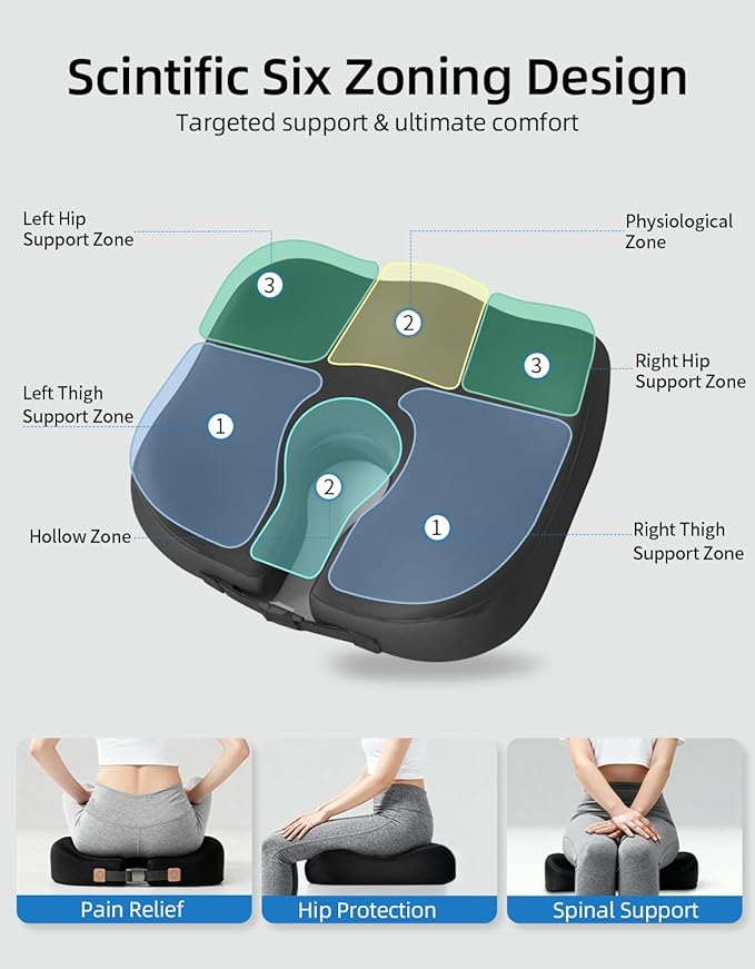 Extra Dense Orthopedic Seat Cushion, Ergonomic Memory Foam Seat Cushion for Office Chair，Desk Chair，Car，Wheelchair, Tailbone Hip Sciatica Pain Relief Cushion for Long Sitting（Black）