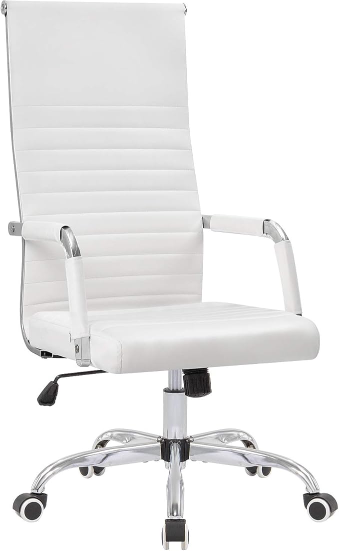 Ribbed Office High Back PU Leather Desk Adjustable Swivel Task Computer Chair with Armrest for Conference Study Leisure, White,KM-0022