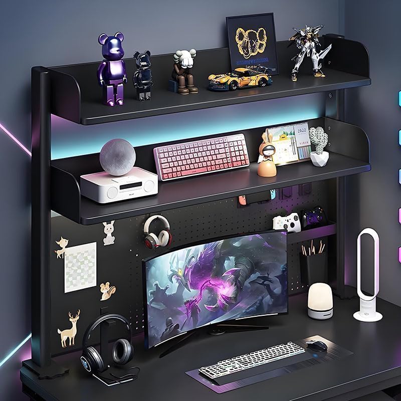 Clamp On Desk Pegboard Shelf - Metal Desktop Organizer Hutch with 2 Shelves