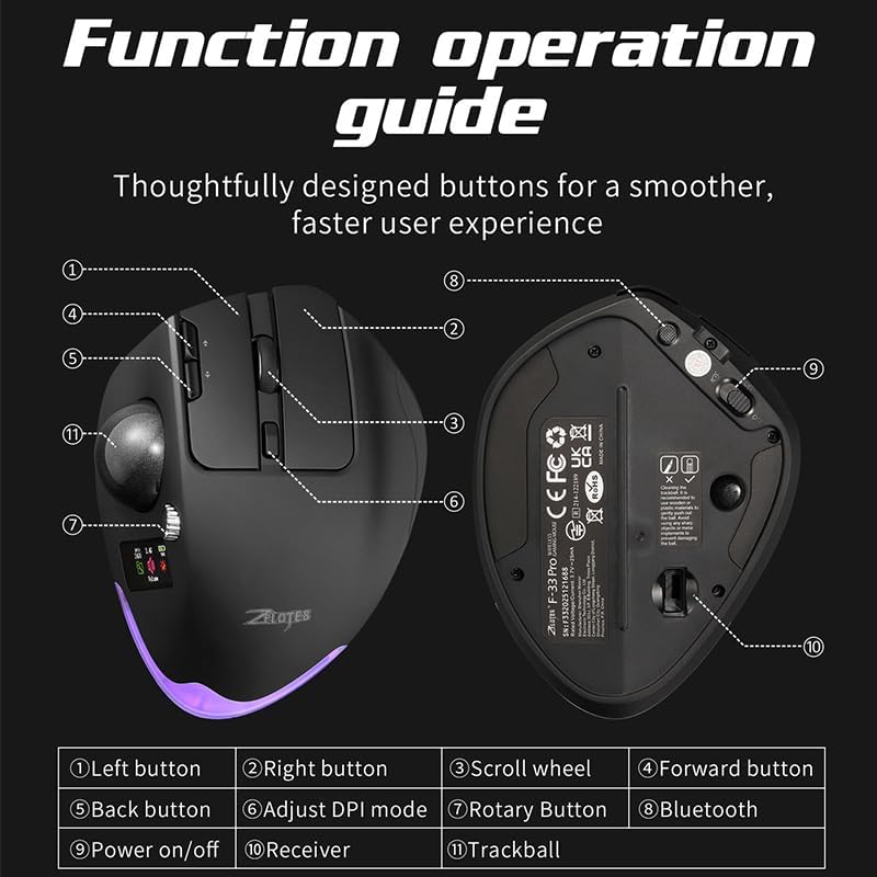 Wireless Mouse – 2.4GHz + Bluetooth Dual Mode Connection, 8 Programmable Buttons, 8000 CPI Adjustable, Trackball Design, with Display Screen, Ergonomic Tilt Angle, For Windows, macOS, Android, Linux