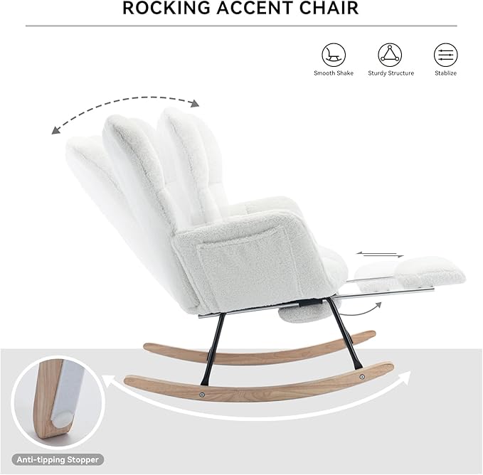 FOXHUNTER Rocking Chair Nursery with Foot Rest, Teddy Glider Rocking Chair for Nursery Upholstered Rocker Recliner Chair, Comfy Armchair with Adjustable Footrest for Living Room Bedroom, Ivory Teddy