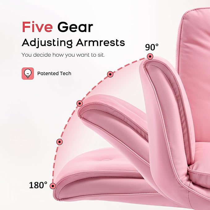 amseatec Criss Cross Office Chair, PU Leather Vanity Chair with 5-Level Adjustable Armrests & Swivel, Ergonomic Criss Cross Chair for Home Office Bedroom Makeup（Pink）