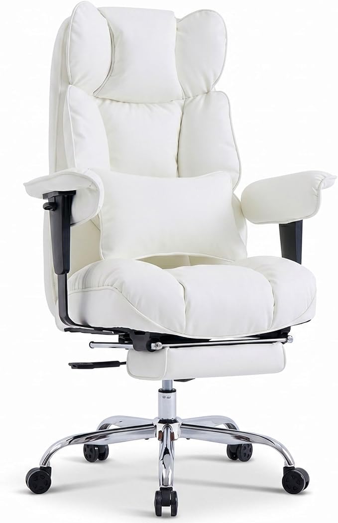 Efomao Big and Tall Office Chair 400lbs - Heavy Duty Reclining Desk Chair with Footrest, Spacious High Back PU Leather Executive Chair, Double-Layer Spring Support, White