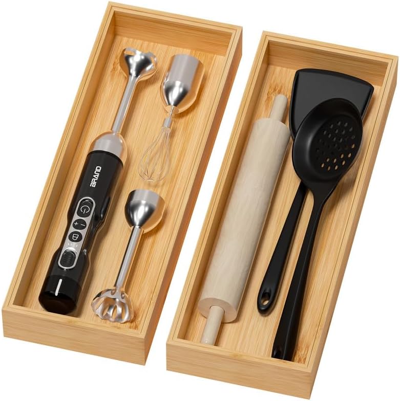 Lixple Bamboo Kitchen Drawer Organizer, 2 Pack, 17" x 6" x 2"