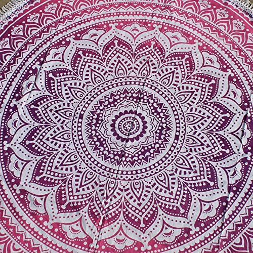 Round Beach Tapestry Turquoise Mandala Throw/Boho Hippie Beach Blanket Roundie/Indian Cotton Bohemian Large Round Table Cloth-Home Decor/Yoga Mat Meditation Picnic Rug (70", Pink and White)