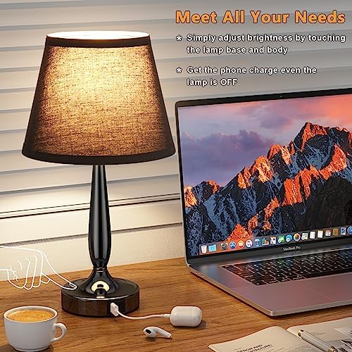 Kakanuo Touch Bedside Lamp for Bedroom with USB C Port, Small Touch Table Lamp with 2 USB Charging Ports, 3 Way Dimmable Nightstand Lamp for Living Room and Office - Black (LED Bulb Included)