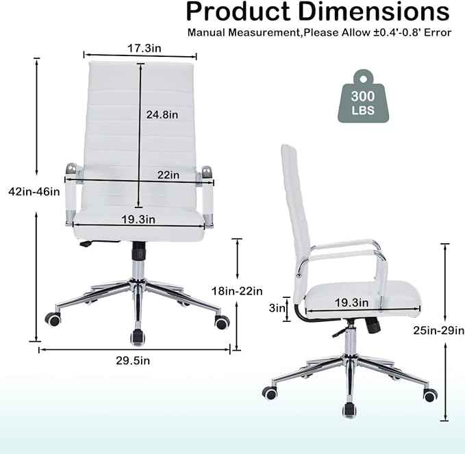 White Leather Ribbed Office Desk Chair, Ergonomic High-Back Executive Conference Room Chairs with Wheels, Adjustable Swivel Computer Task Chair with Arms and Thick Padded Seat